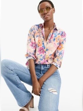 J. Crew Pink Floral Liberty Print Popover Button Shirt